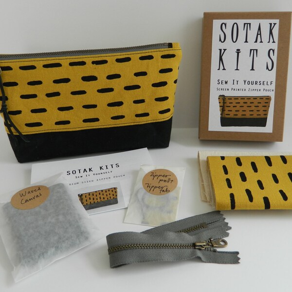 sew your own pouch kit, screen printed linen in mustard exterior + waxed canvas,  zipper pencil/ make up pouch, sotak kit, sewing kit, diy