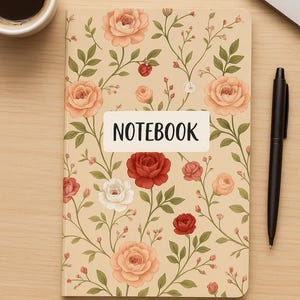 May include: A floral notebook with a beige background and a pattern of roses in shades of red, peach, and white. The word "NOTEBOOK" is printed on a white rectangle. A black pen and a cup of coffee are next to the notebook.