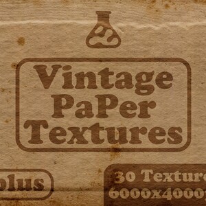 Könnte beinhalten: Ein brauner, strukturierter Hintergrund mit den Worten "Vintage Paper Textures" in einer Retro-Schriftart. Das Bild enthält auch das Wort "plus" und Details zur Anzahl der Texturen und Bildabmessungen.