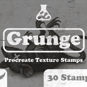 May include: A grayscale digital art image featuring a dead rat with a cross over its eyes, and the word "Grunge" in a white, rounded rectangle. The text "Procreate Texture Stamps" and "30 Stamps" are also present.