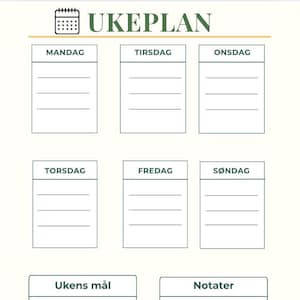 Ukeplan – Digital nedlasting | Weekly Planner Printable | Norsk A4 Planner