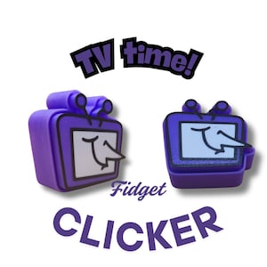 May include: Two purple fidget clickers shaped like retro televisions, with a white screen and a cartoon face. The text "TV time!" is above the clickers, and "Fidget CLICKER" is below. The clickers have a 3D design.
