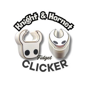 May include: Two white fidget clickers with black detailing, one depicting a character with two large black eyes and the other a character with a smiling face. The text "Knight & Hornet" and "Fidget Clicker" are also present.