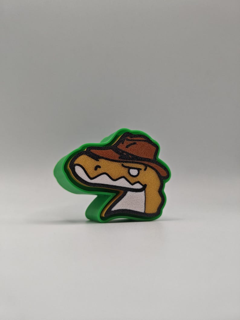 Peut inclure: Un emporte-pi&egrave;ce en plastique vert en forme de t&ecirc;te de dinosaure portant un chapeau fedora marron. Le dinosaure a un visage beige, une m&acirc;choire blanche et un contour noir. Le design pr&eacute;sente une esth&eacute;tique de dessin anim&eacute; stylis&eacute;e.