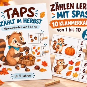 Op de afbeelding: Een set educatieve telkaarten met een wasbeer, herfstbladeren, eikels en een pompoen. De kaarten bevatten de cijfers 1 tot en met 10 en houten wasknijpers om antwoorden aan te duiden. Tekst op de kaarten: TAPS ZÄHLT IM HERBST.