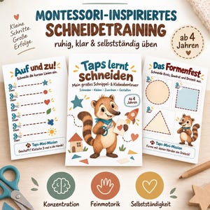 Könnte beinhalten: Drei Lernblätter mit dem Titel Taps lernt schneiden, die einen Waschbären, Schneideübungen mit gestrichelten Linien, geometrische Formen sowie Symbole für Konzentration, Feinmotorik und Selbstständigkeit zeigen.