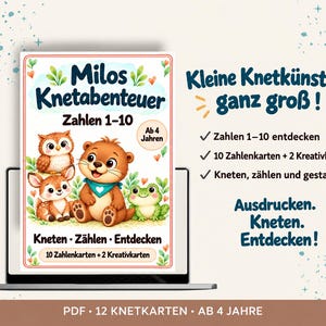 Puede incluir: Un conjunto de actividades educativas digitales titulado Milos Knetabenteuer Zahlen 1-10 con ilustraciones de un búho, un ciervo, una nutria y una rana. Incluye 10 tarjetas de números y 2 tarjetas creativas para contar y modelar figuras.