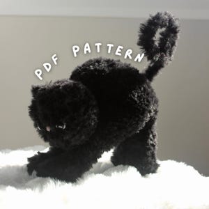 May include: A black, fluffy cat figurine with a curved tail and outstretched paws. The cat is made of a soft, textured material and is posed on a white, fluffy surface. The text "PDF PATTERN" is arched above the cat.
