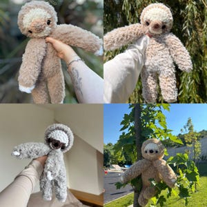 May include: A plush sloth toy crafted from soft, fuzzy, light brown yarn with a cream-colored face patch, dark brown eye markings, and white accents on the hands and feet. The stuffed animal features a round head and long, poseable limbs.