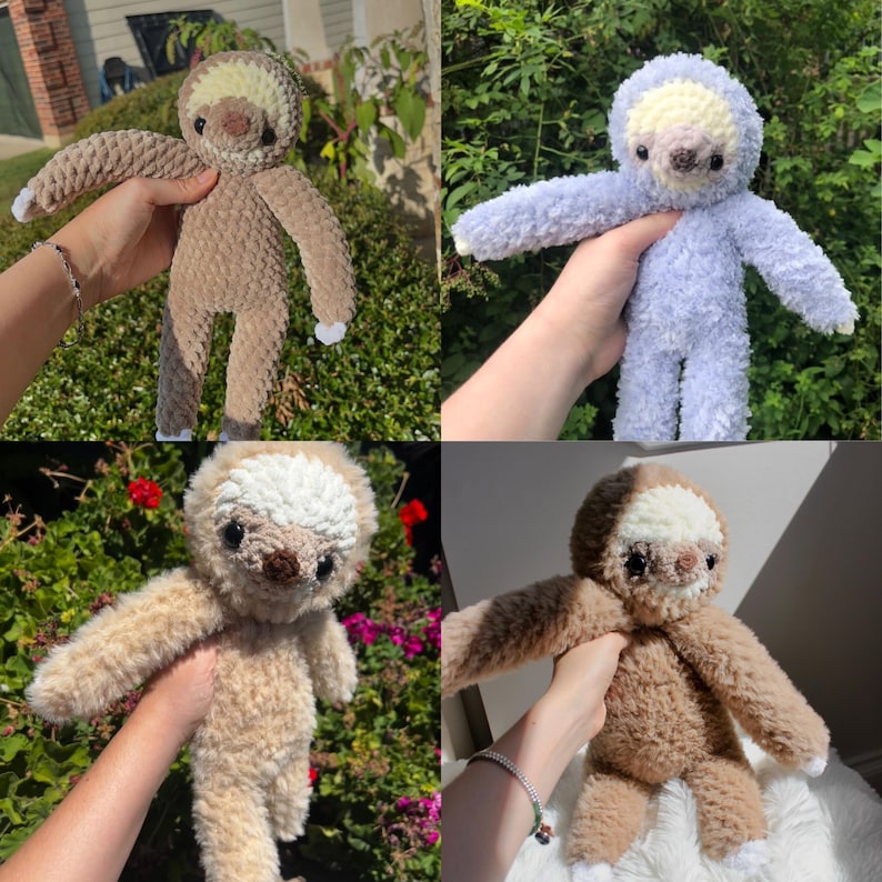 May include: A collection of four plush sloth toys made from soft, textured yarn. Each sloth features a round face with a cream-colored patch around the eyes, a dark brown nose, and small black eyes. The bodies are long with extended arms and legs.