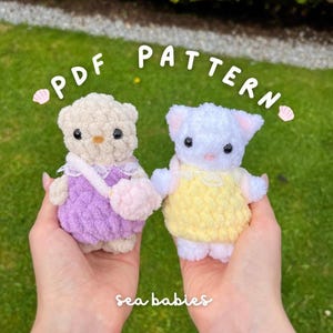 PDF Pattern Crochet Sea Babies 2 in 1 | Sylvanian Pattern | Baby sea otter pattern With Shell Bag | Baby Kitten pattern With Turtle Bag