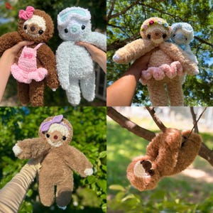 May include: A collection of plush sloth toys made from fuzzy yarn. The sloths feature various accessories including pink bows, tutus, floral crowns, and headbands. Some are light brown, others are white or tan, and one is hanging from a tree branch.