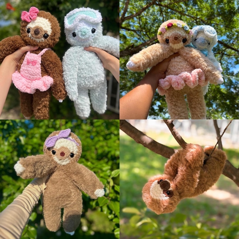 May include: A collection of plush sloth toys made from fuzzy yarn. The sloths feature various accessories including pink bows, tutus, floral crowns, and headbands. Some are light brown, others are white or tan, and one is hanging from a tree branch.