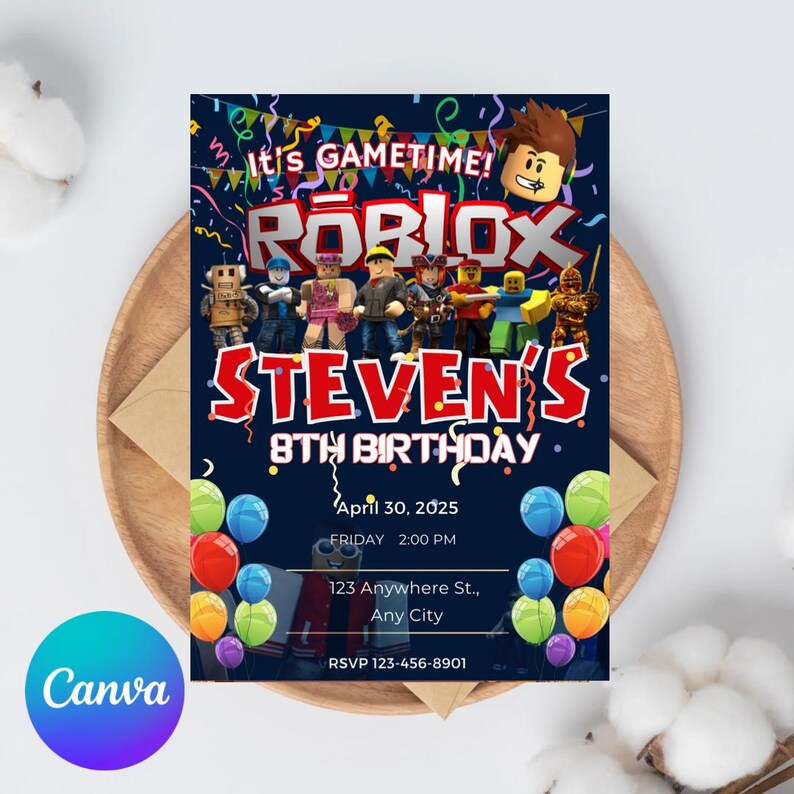 Roblox Birthday Invitation Template: Editable Gamer Party Invite ...