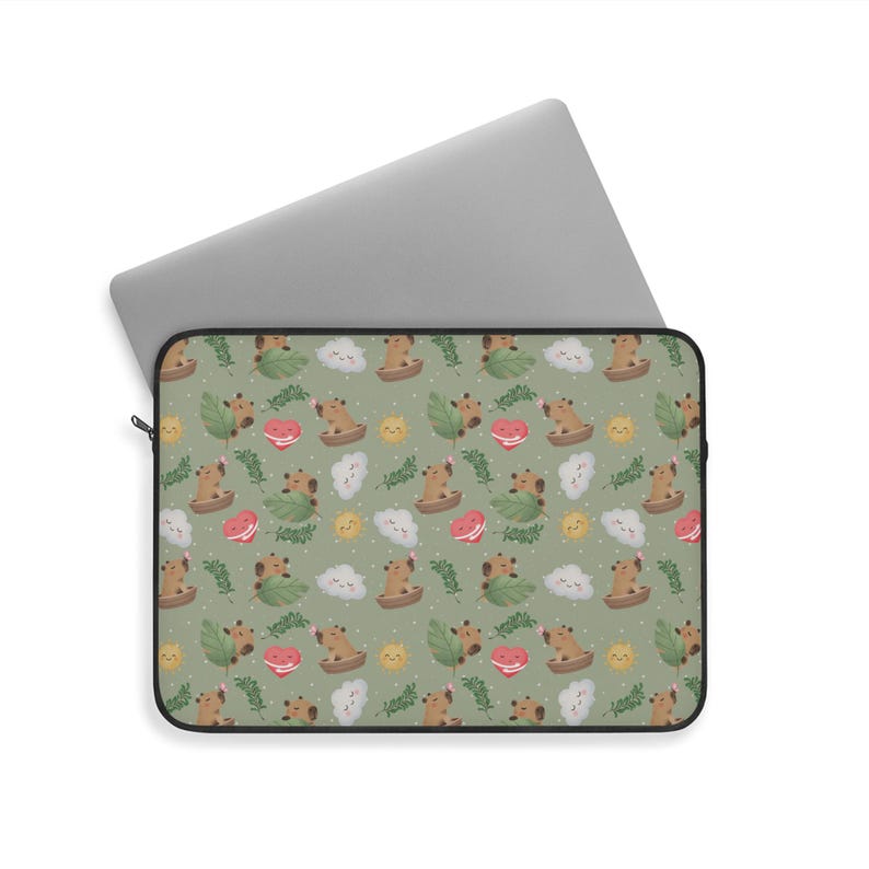 Cute Woodland Animals Laptop Sleeve - Green Pattern With Capybaras ...