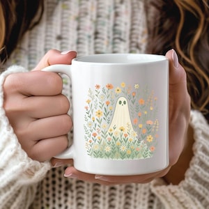 Cute Cottagecore Ghost Coffee Mug, Spooky Witchy Mugs for Ghost Lovers, Halloween Gift Cup, Fall Mugs, Wildflower Ghost Mug