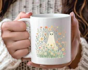 Cute Cottagecore Ghost Coffee Mug, Spooky Witchy Mugs for Ghost Lovers, Halloween Gift Cup, Fall Mugs, Wildflower Ghost Mug