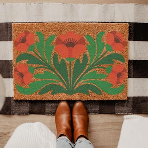 Retro Poppy Doormat, Boho Modern Gift for Home, Modern Botanical Floral Welcome Mat, Porch Decor Gift, Mid-Century Porch Decor, Scandinavian