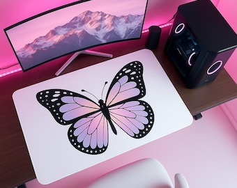 Tapete de escritorio impermeable de mariposa lila, tapete de juego de una pieza