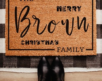 Personalized Merry Christmas Doormat, Custom Family Welcome Mat, Holiday Front Porch Decor, Personalized Christmas Front Door Decor