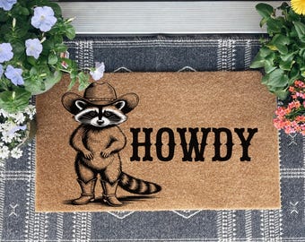 Howdy Racoon Cowboy Funny Doormat, Funny Coir Door Mat, Western Decor Funny Coir Doormat, Welcome Mat, New Home Gift for Home, Wedding Gift