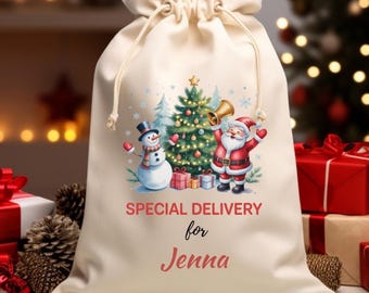 Personalised Santa sack for kids and children, Christmas present bag with wooden gift tag, Christmas tree gift bag add name, Xmas stocking