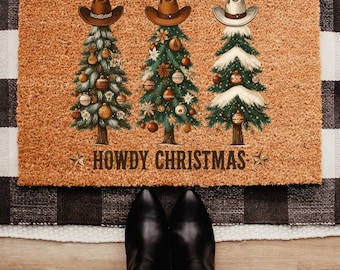 Howdy Christmas Tree Doormat, Cowboy Funny Doormat, Western Decor Funny Coir Doormat, Welcome Mat, New Home Gift for Home, Wedding Gift