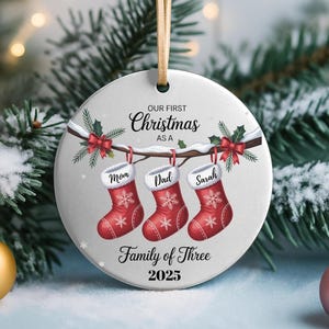 Family Of Three Christmas Ornament, Custom New Family Ornament, Baby&#39;s First Christmas Ornament, Personalized Family Ornament