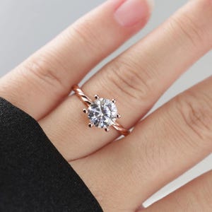 2.0 Round Cut Moissanite Ring, Twisted Band Engagement Ring, 14k Rose Gold Plated Solitaire Ring, Modern Promise Ring, Wedding Jewelry