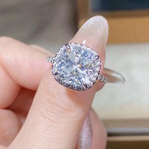 4.70 CT Cushion Cut Moissanite Hidden Halo Engagement Ring – 14k White Gold Plated Jewelry Ring for Women