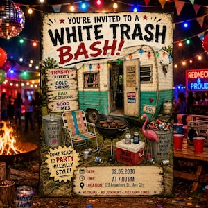 May include: A party invitation poster titled White Trash Bash featuring a vintage camper, a charcoal grill, a lawn chair, a pink flamingo, and a cooler. The text includes event details, party rules, and the date 02.05.2030 at 7:00 PM at 123 Anywhere St., Any City.