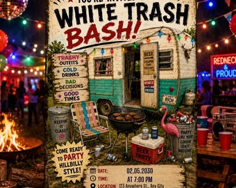 May include: A party invitation poster titled White Trash Bash featuring a vintage camper, a charcoal grill, a lawn chair, a pink flamingo, and a cooler. The text includes event details, party rules, and the date 02.05.2030 at 7:00 PM at 123 Anywhere St., Any City.
