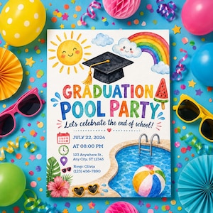 May include: A colorful graduation pool party invitation with a cartoon sun, rainbow, and graduation cap. The invitation includes the text "GRADUATION POOL PARTY" and event details: July 22, 2024, at 8:00 PM.