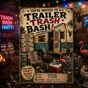 Op de afbeelding: Een uitnodigingsposter getiteld Trailer Trash Bash met een vintage caravan, tuinstoelen, een barbecue en roze flamingo's. De tekst bevat evenementdetails, feestregels en de datum 02.05.2030 om 19:00 uur op 123 Anywhere St., Any City.