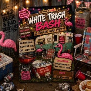 Inbjudningsmall för White Trash Bash | Redneck-festinbjudan | Hillbilly-födelsedagsfest | Rolig bakgårdsfest digital nedladdning