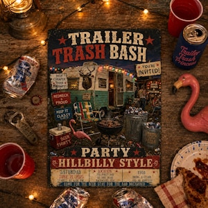 May include: A rectangular metal sign featuring a vintage camper trailer illustration with the text Trailer Trash Bash, Party Hillbilly Style, and event details. The design includes a deer head, a pink flamingo, and a grill, set against a dark background.
