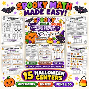 Puede incluir: Una colección de hojas de trabajo educativas de matemáticas para jardín de infantes con temas de Halloween como calabazas, fantasmas, murciélagos y dulces. Las páginas incluyen actividades de conteo, suma y patrones con el texto Spooky Math Made Easy.