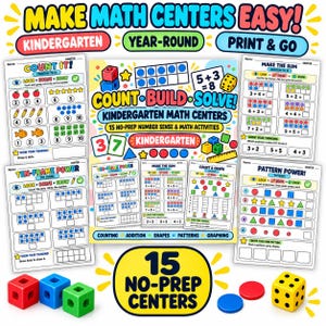 May include: A collection of kindergarten maths activity worksheets titled Count, Build, Solve, featuring ten-frames, addition problems, and pattern exercises. The set includes colourful plastic counting cubes, a yellow die, and circular tokens.