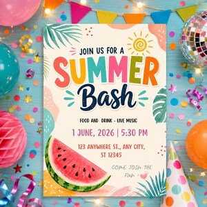 May include: A rectangular party invitation with a cream background featuring a watermelon slice, palm leaves, and a yellow sun. Text reads: JOIN US FOR A SUMMER BASH, FOOD AND DRINK - LIVE MUSIC, 1 JUNE, 2026 | 5:30 PM, 123 ANYWHERE ST., ANY CITY, ST 12345.
