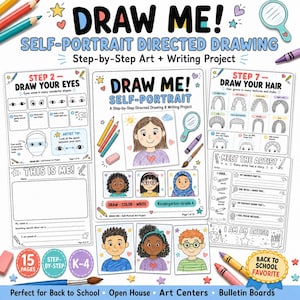 May include: A self-portrait directed drawing project for students in kindergarten through grade four. The set includes fifteen pages of step-by-step art and writing instructions, featuring illustrations of diverse faces, hair textures, and drawing guides.