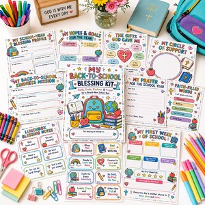 Può includere: Un kit di benedizione per il ritorno a scuola composto da diversi fogli di attività stampati con illustrazioni colorate di zaini, mappamondi e cuori. Il foglio centrale è intitolato My Back-to-School Blessing Kit, circondato da vari fogli di lavoro, matite colorate, pastelli, forbici e graffette.