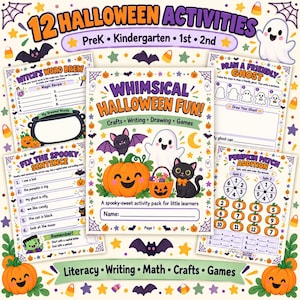 May include: A collection of educational Halloween activity sheets for children, featuring a central cover page titled Whimsical Halloween Fun, surrounded by worksheets including Witch's Word Brew, Fix the Spooky Sentence, Draw a Friendly Ghost, and Pumpkin Patch Addition, all decorated with colorful illustrations of ghosts, bats, cats, and pumpkins.