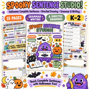 Può includere: Un set di attività didattiche di 15 pagine intitolato Spooky Sentence Studio per i gradi K-2, con schede di grammatica, scrittura e disegno guidato a tema Halloween. La copertina mostra un mostro viola, un fantasma e una zucca.