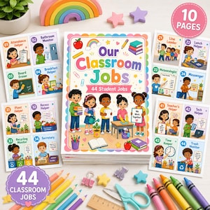 May include: A classroom jobs activity book titled Our Classroom Jobs 44 Student Jobs, surrounded by individual job cards, a rainbow arch, star-shaped erasers, colored pencils, a metal binder clip, and scissors on a light-colored surface.
