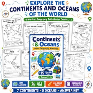 Puede incluir: Una colección de hojas de trabajo educativas de geografía titulada Continents & Oceans World Geography Activities. El conjunto incluye 15 páginas imprimibles para los grados 2-5, con actividades de etiquetado de mapas, colorear y recortar.