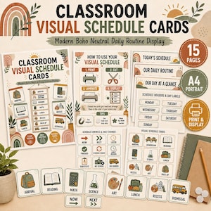 May include: A set of classroom visual schedule cards featuring neutral earth tones and boho-inspired graphics. The collection includes instructional pages, daily routine labels, and individual activity cards with icons for arrival, math, science, art, and lunch.