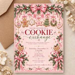 Puede incluir: Una tarjeta de invitación rosa para un intercambio de galletas con ilustraciones de hombres de jengibre, bastones de caramelo, adornos y ramas de pino. El texto dice: You're invited to a Cookie exchange, December 14.