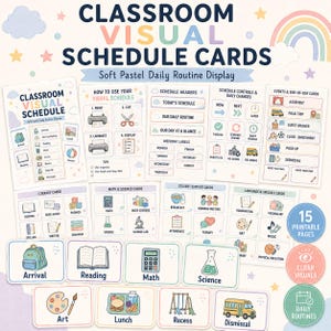 May include: A set of printable classroom visual schedule cards featuring soft pastel colors and illustrations for daily routines. The pages include headers, event labels, and subject cards like math, science, and art, with text such as Arrival, Reading, and Dismissal.