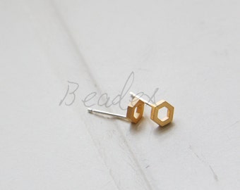 2 Pieces / Matte Gold Plated / Brass Base / Real Gold / Earring Post with Sterling Silver Pin / Hexagon (C3140//K454)