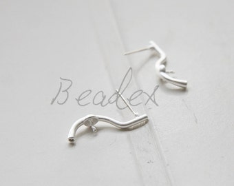 2 Pieces / Matte Silver Plated / Brass Base / Real Silver / Earring Post with Sterling Silver Pin / Curved (C3148//K457)